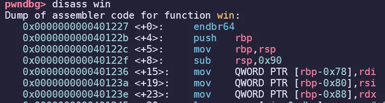 Pwndbg screenshot of disassembly to find registers